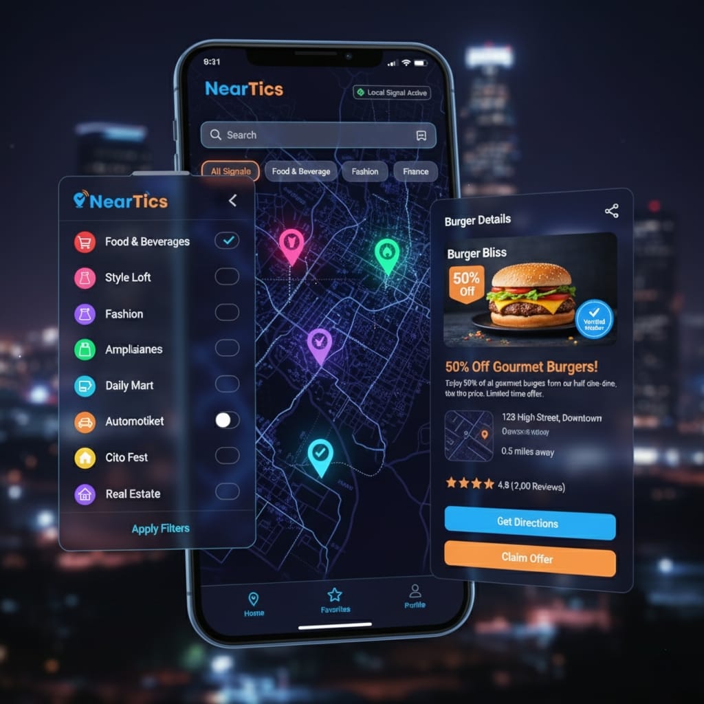 NearTics app preview with local signals